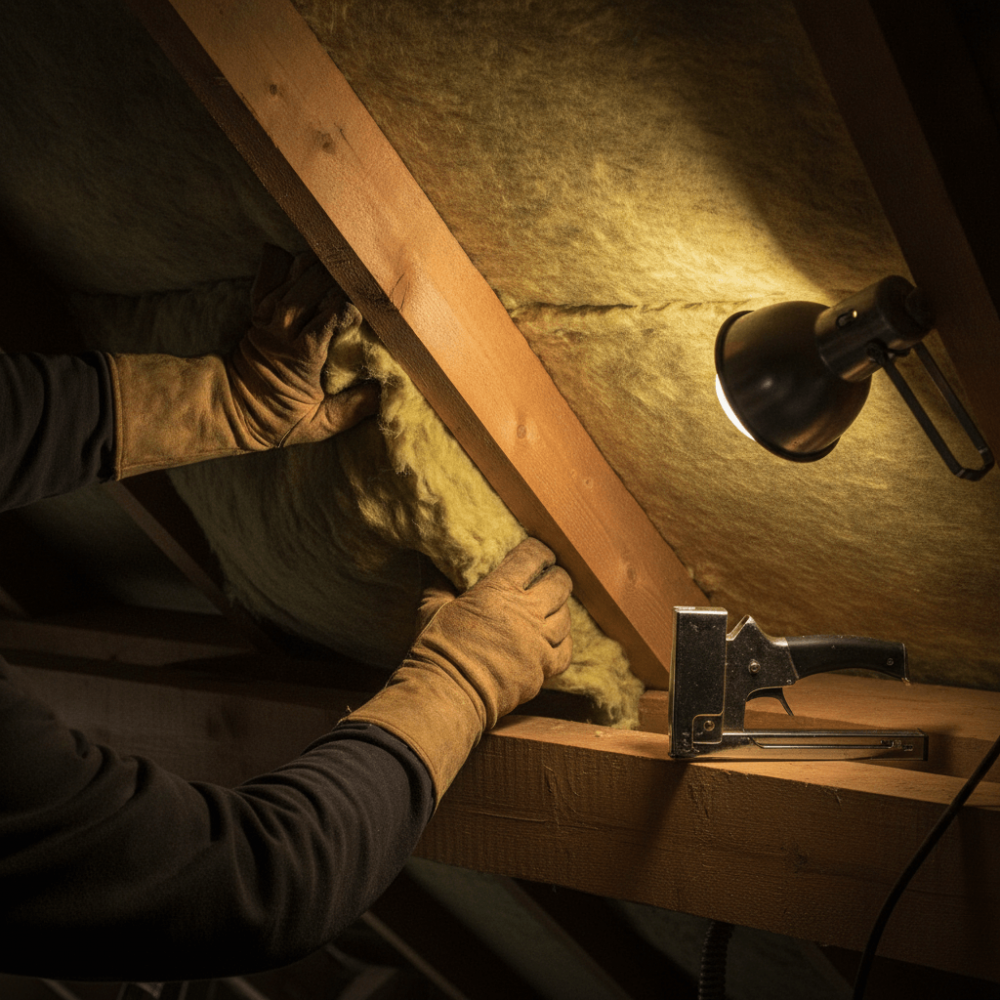 Artisan posant un isolant en laine de verre dans des combles lors d'un chantier de rénovation énergétique